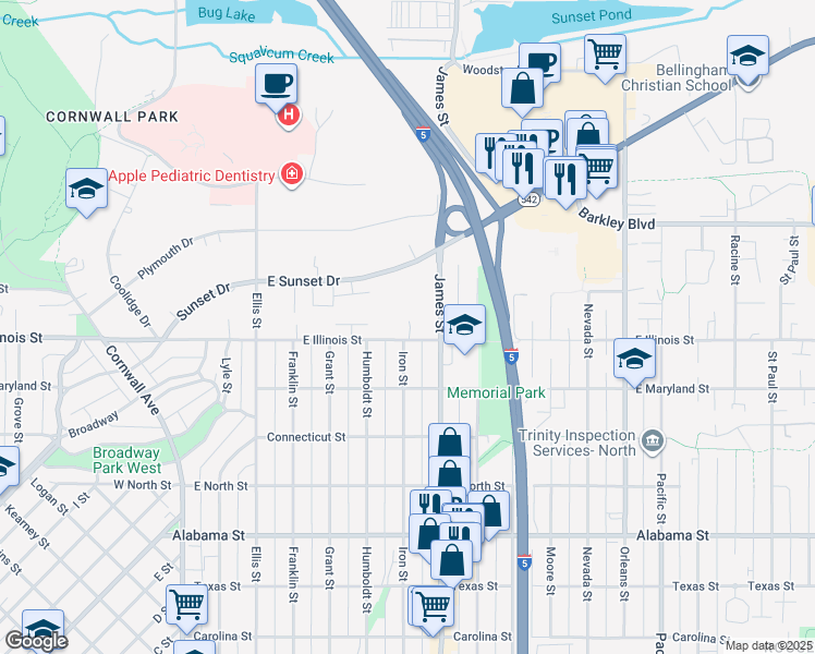 map of restaurants, bars, coffee shops, grocery stores, and more near 704 East Illinois Street in Bellingham