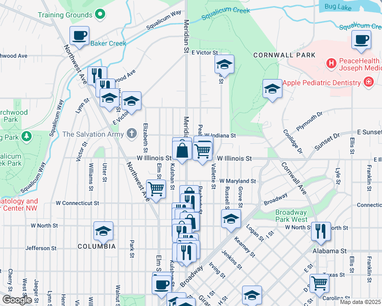 map of restaurants, bars, coffee shops, grocery stores, and more near 1000 West Illinois Street in Bellingham