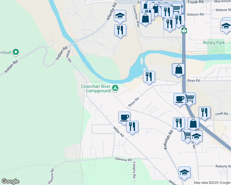 map of restaurants, bars, coffee shops, grocery stores, and more near 3065 Allenby Road in Duncan