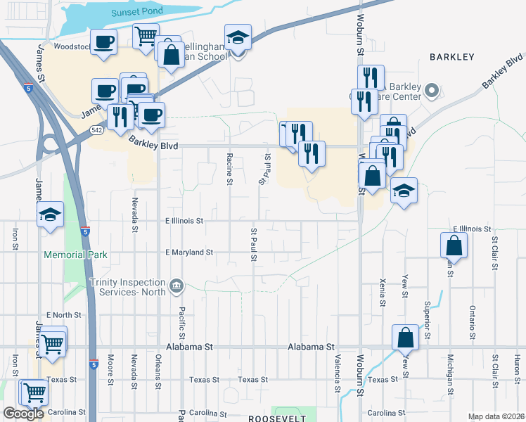 map of restaurants, bars, coffee shops, grocery stores, and more near 1712 East Illinois Street in Bellingham