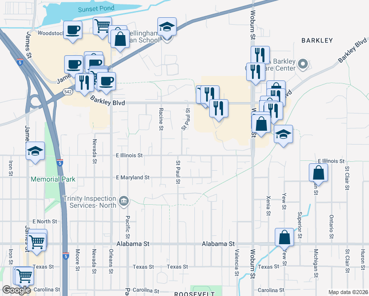 map of restaurants, bars, coffee shops, grocery stores, and more near 1712 East Illinois Street in Bellingham