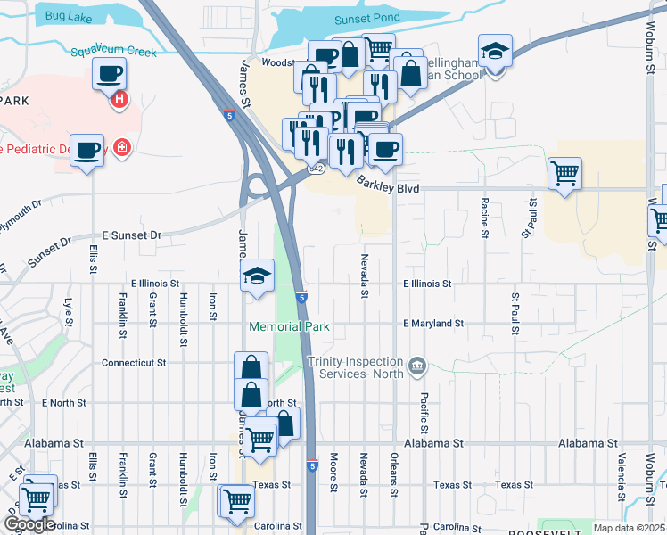 map of restaurants, bars, coffee shops, grocery stores, and more near 1106 East Illinois Street in Bellingham