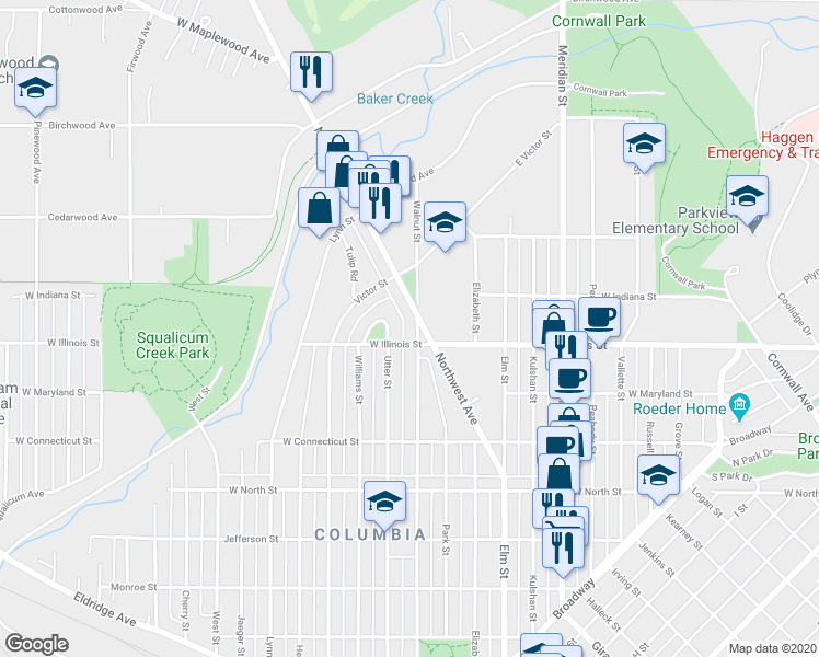 map of restaurants, bars, coffee shops, grocery stores, and more near 2829 Northwest Avenue in Bellingham