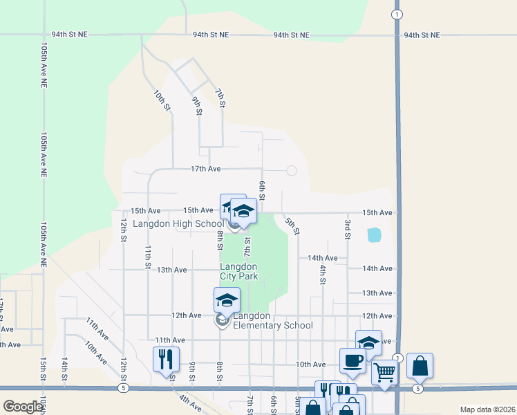 map of restaurants, bars, coffee shops, grocery stores, and more near 7th Street in Langdon
