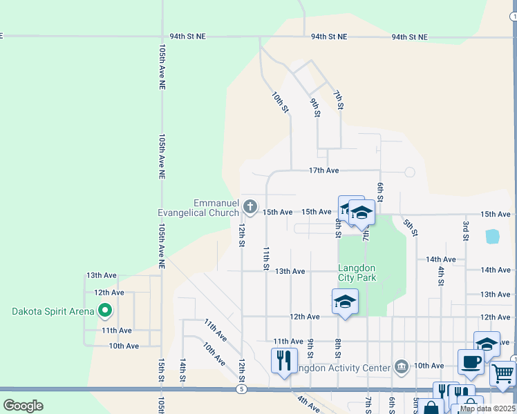 map of restaurants, bars, coffee shops, grocery stores, and more near 1423 11th Street in Langdon