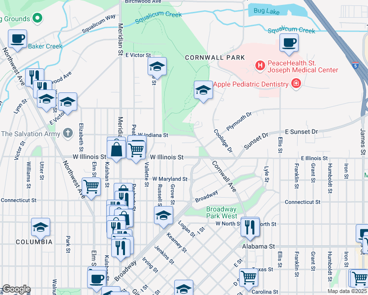 map of restaurants, bars, coffee shops, grocery stores, and more near 530 W Illinois St in Bellingham