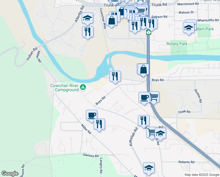 map of restaurants, bars, coffee shops, grocery stores, and more near 2994 Boys Road in Duncan