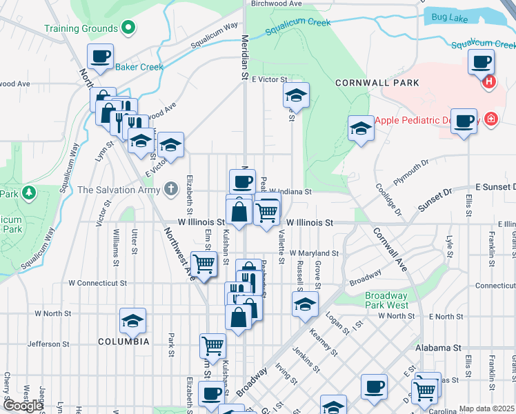 map of restaurants, bars, coffee shops, grocery stores, and more near 1000 West Indiana Street in Bellingham