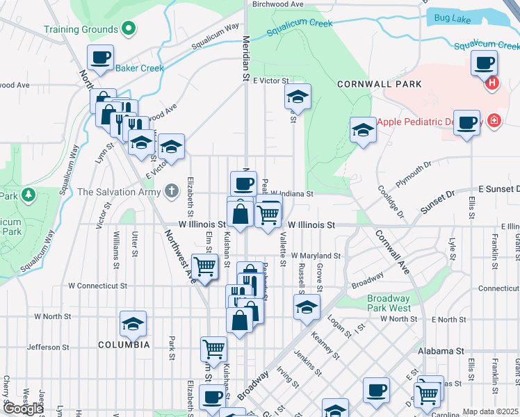map of restaurants, bars, coffee shops, grocery stores, and more near 1000 West Indiana Street in Bellingham