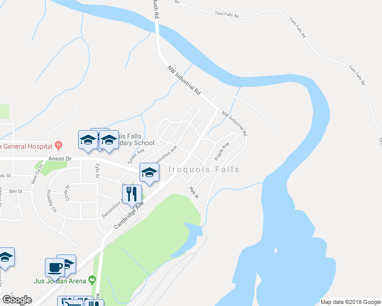 map of restaurants, bars, coffee shops, grocery stores, and more near Mistango Street in Iroquois Falls