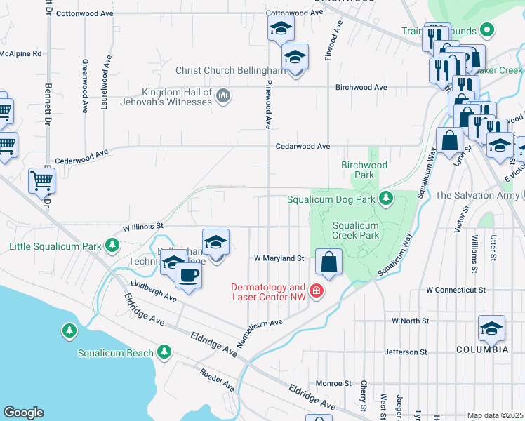 map of restaurants, bars, coffee shops, grocery stores, and more near 2818 West Indiana Street in Bellingham