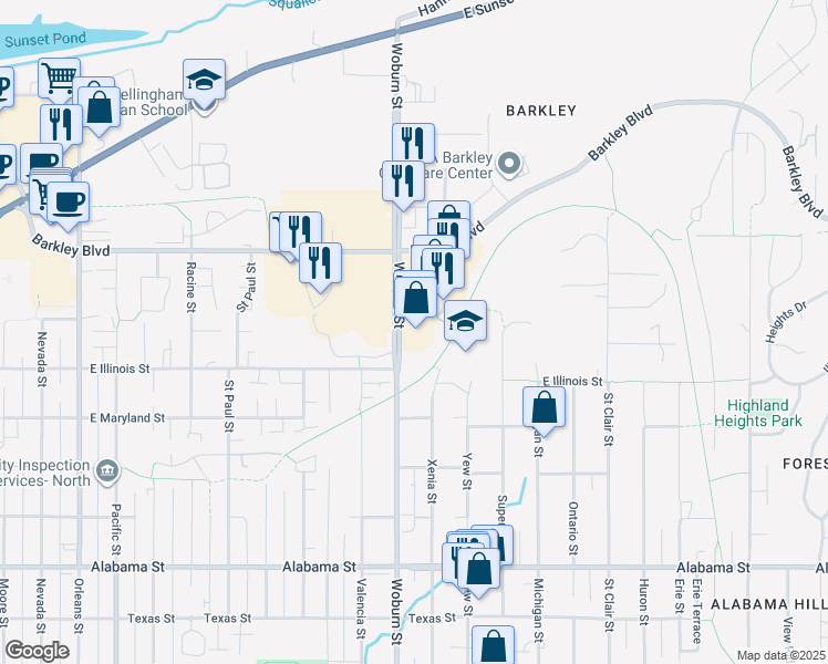 map of restaurants, bars, coffee shops, grocery stores, and more near 2900 Woburn Street in Bellingham