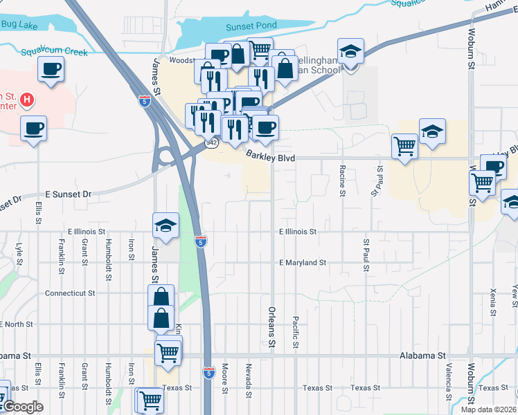 map of restaurants, bars, coffee shops, grocery stores, and more near 1211 East Indiana Street in Bellingham