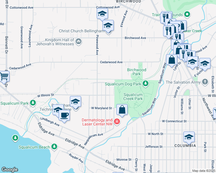 map of restaurants, bars, coffee shops, grocery stores, and more near 2788 West Indiana Street in Bellingham