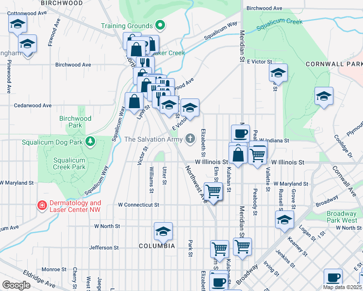 map of restaurants, bars, coffee shops, grocery stores, and more near 2912 Walnut Street in Bellingham