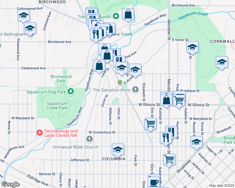 map of restaurants, bars, coffee shops, grocery stores, and more near 2920 Lorraine Ellis Court in Bellingham