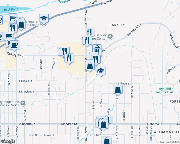 map of restaurants, bars, coffee shops, grocery stores, and more near 2900 Woburn Street in Bellingham