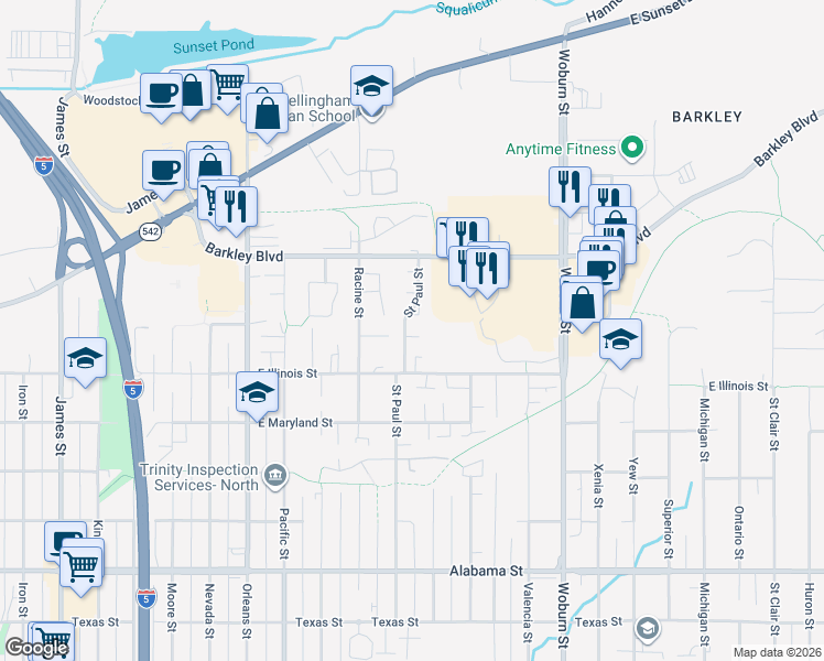 map of restaurants, bars, coffee shops, grocery stores, and more near 2938 Saint Paul Street in Bellingham