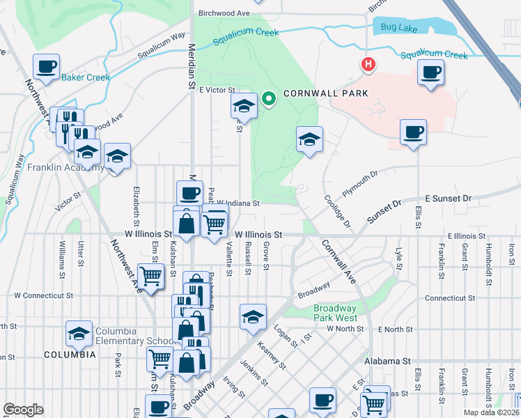 map of restaurants, bars, coffee shops, grocery stores, and more near 705 West Indiana Street in Bellingham