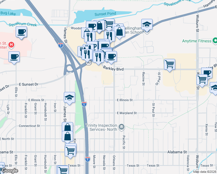 map of restaurants, bars, coffee shops, grocery stores, and more near 1211 East Indiana Street in Bellingham