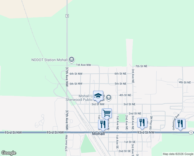 map of restaurants, bars, coffee shops, grocery stores, and more near 103-199 6th St NW in Mohall