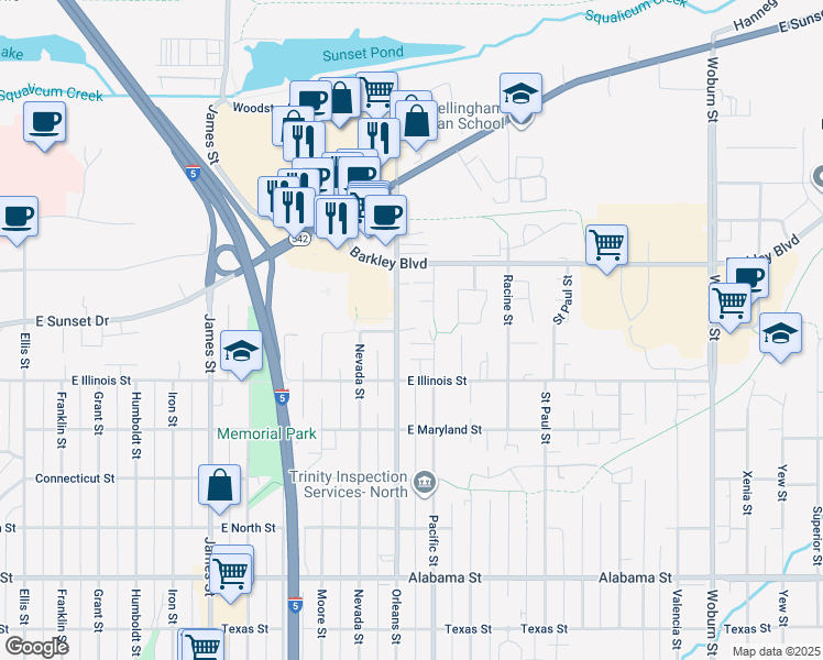 map of restaurants, bars, coffee shops, grocery stores, and more near 3004 Orleans Street in Bellingham