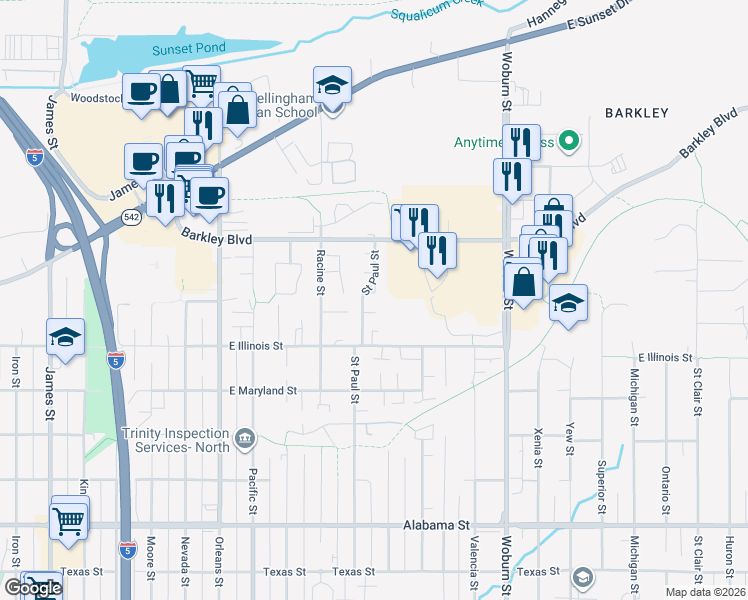 map of restaurants, bars, coffee shops, grocery stores, and more near 2938 Saint Paul Street in Bellingham