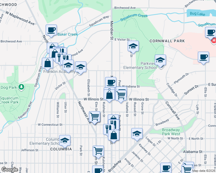 map of restaurants, bars, coffee shops, grocery stores, and more near 3000 Kulshan Street in Bellingham