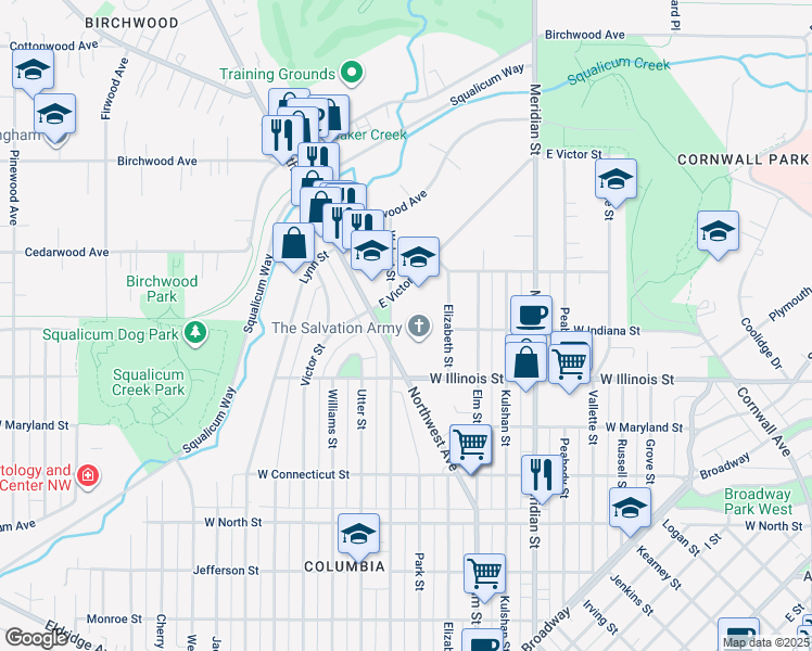 map of restaurants, bars, coffee shops, grocery stores, and more near 2912 Walnut Street in Bellingham