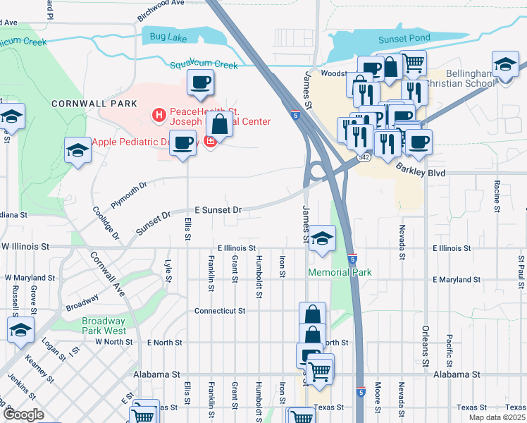 map of restaurants, bars, coffee shops, grocery stores, and more near 604 Sunset Drive in Bellingham