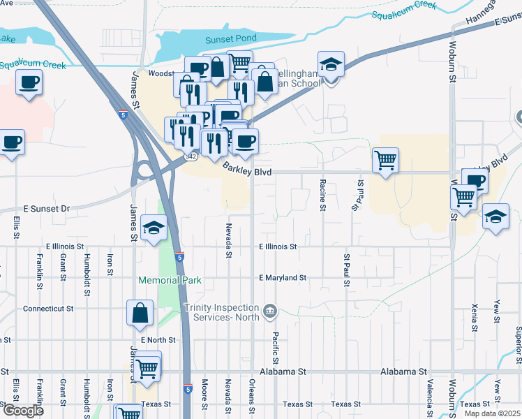 map of restaurants, bars, coffee shops, grocery stores, and more near 3004 Orleans St in Bellingham