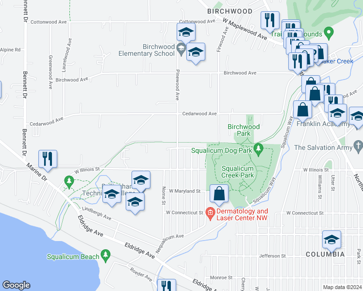 map of restaurants, bars, coffee shops, grocery stores, and more near 2818 West Indiana Street in Bellingham