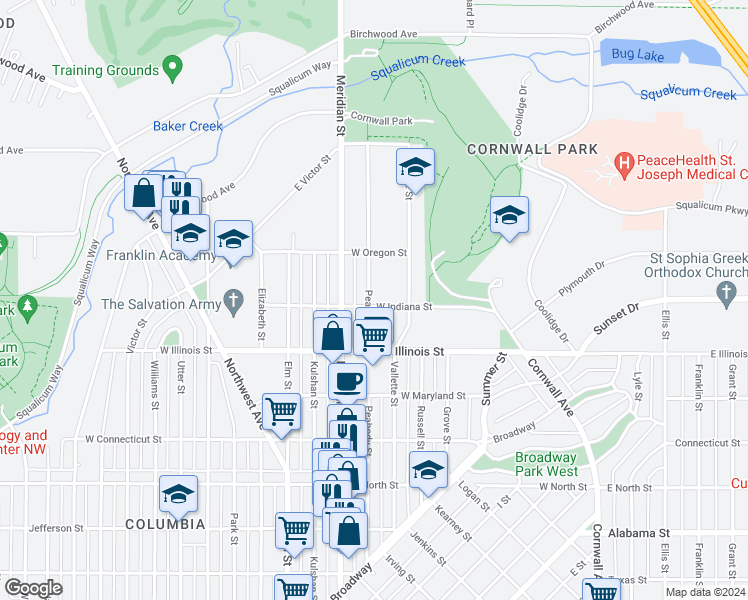 map of restaurants, bars, coffee shops, grocery stores, and more near 914 West Indiana Street in Bellingham