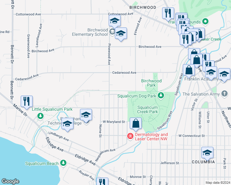 map of restaurants, bars, coffee shops, grocery stores, and more near 2818 West Indiana Street in Bellingham