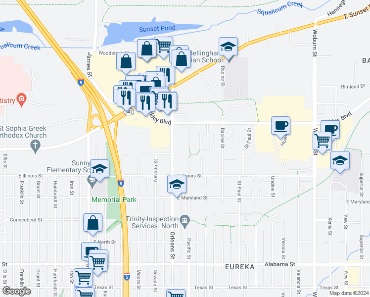 map of restaurants, bars, coffee shops, grocery stores, and more near 3009 Pacific Street in Bellingham