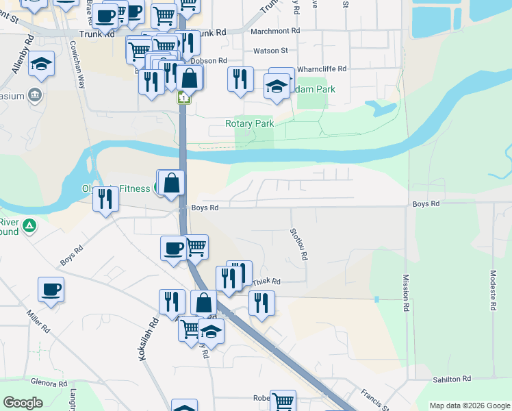 map of restaurants, bars, coffee shops, grocery stores, and more near 2850 Boys Road in Duncan