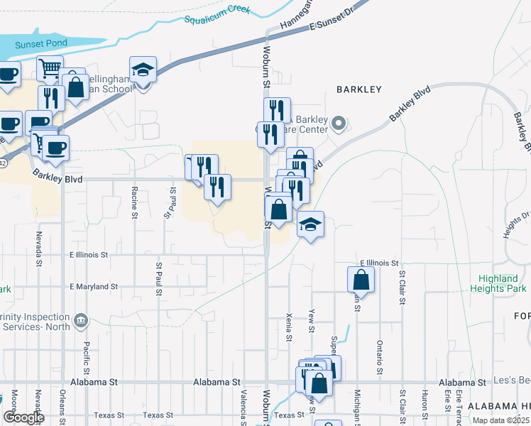 map of restaurants, bars, coffee shops, grocery stores, and more near 3003 Woburn Street in Bellingham