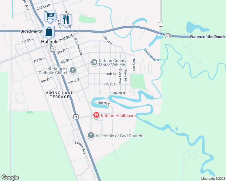 map of restaurants, bars, coffee shops, grocery stores, and more near 720 Forest Avenue South in Hallock