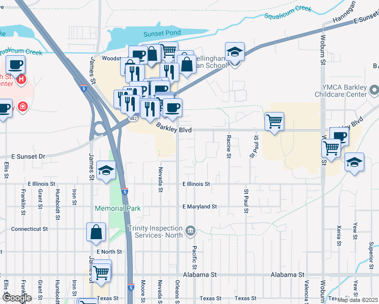 map of restaurants, bars, coffee shops, grocery stores, and more near 3004 Orleans Street in Bellingham