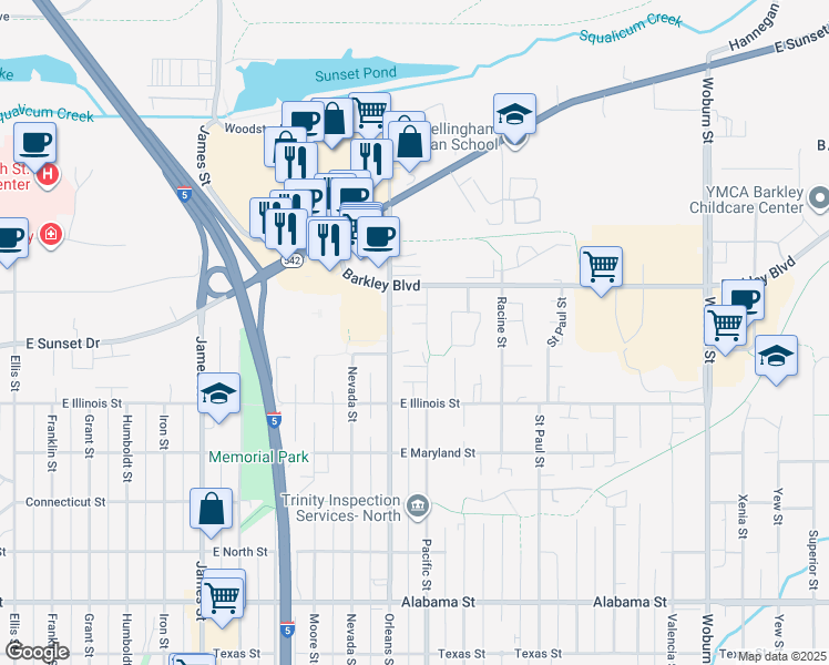 map of restaurants, bars, coffee shops, grocery stores, and more near 3004 Orleans Street in Bellingham
