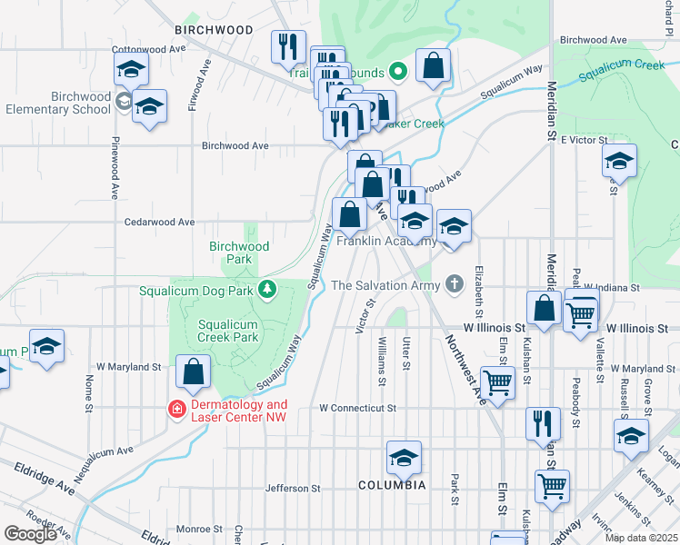 map of restaurants, bars, coffee shops, grocery stores, and more near 3003 Lynn Street in Bellingham