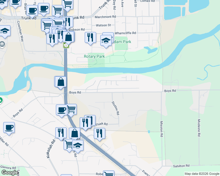 map of restaurants, bars, coffee shops, grocery stores, and more near 2885 Boys Road in Duncan