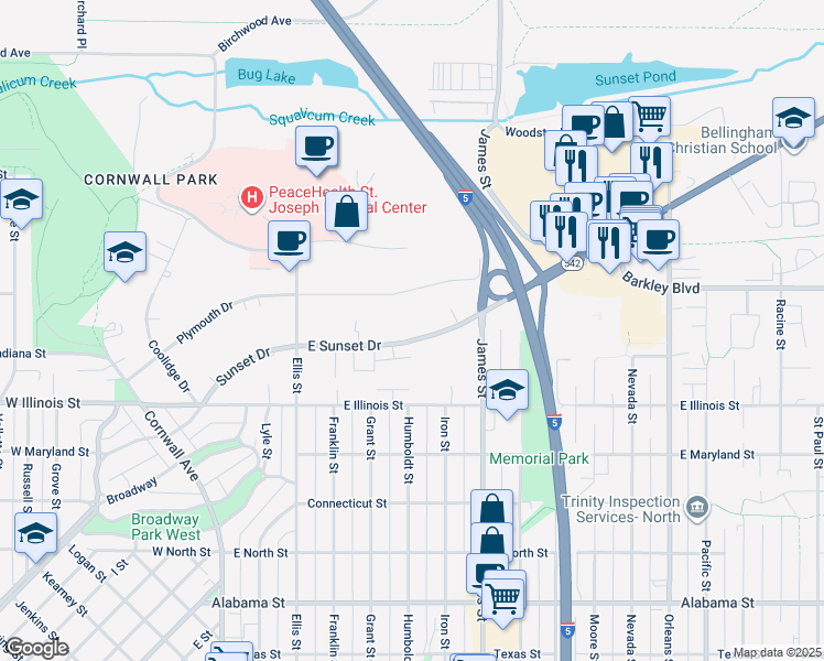 map of restaurants, bars, coffee shops, grocery stores, and more near 604 Sunset Drive in Bellingham