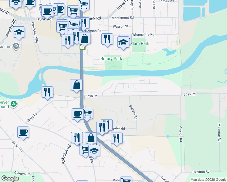 map of restaurants, bars, coffee shops, grocery stores, and more near 2885 Boys Road in Duncan