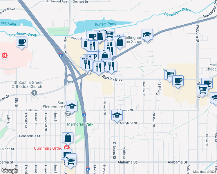 map of restaurants, bars, coffee shops, grocery stores, and more near 3061 Orleans Street in Bellingham