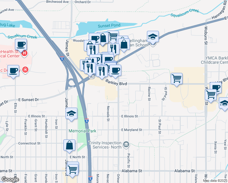 map of restaurants, bars, coffee shops, grocery stores, and more near 1270 Barkley Boulevard in Bellingham