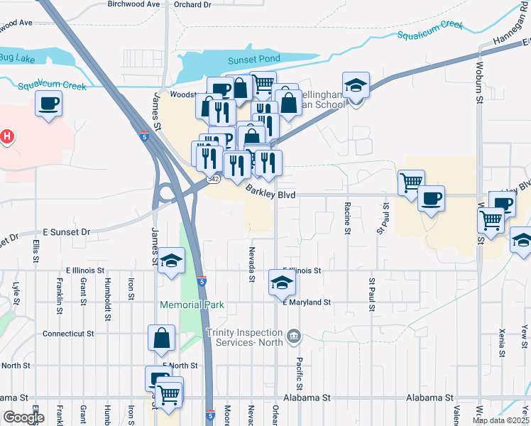 map of restaurants, bars, coffee shops, grocery stores, and more near 3061 Orleans Street in Bellingham