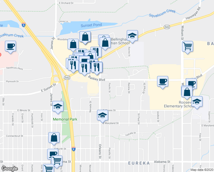 map of restaurants, bars, coffee shops, grocery stores, and more near 1306 Barkley Boulevard in Bellingham