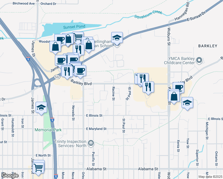 map of restaurants, bars, coffee shops, grocery stores, and more near 3037 Racine Street in Bellingham