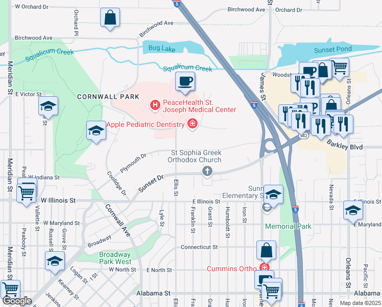 map of restaurants, bars, coffee shops, grocery stores, and more near 3010 Plymouth Drive in Bellingham